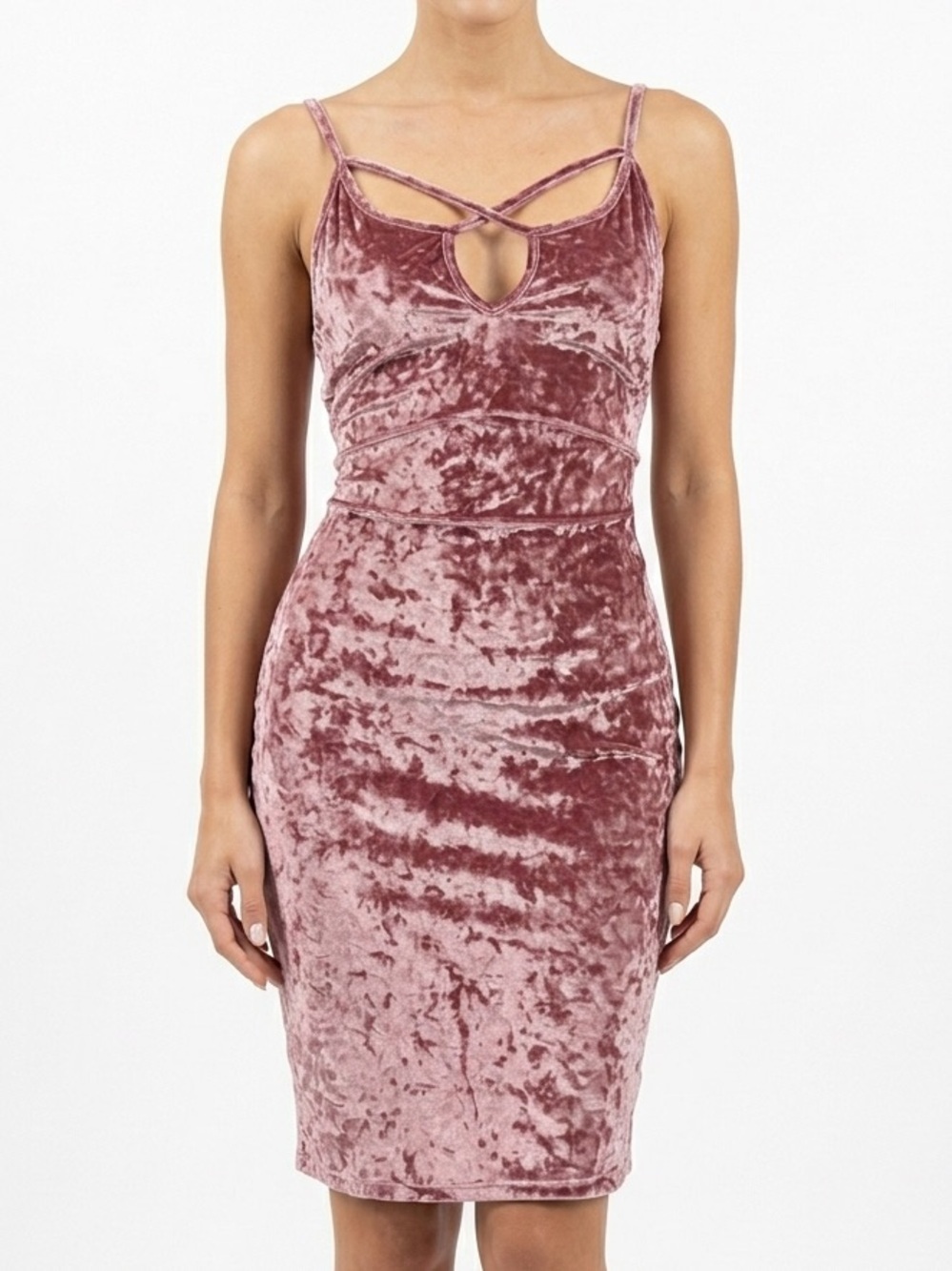 Popular Basics Mauve Crushed Velvet Y2K Strappy Cage Front Bodycon Mini Dress XL